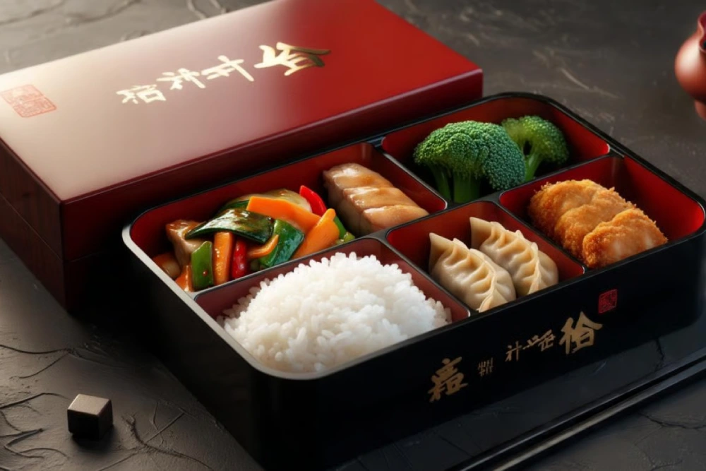 bentô japonês organizado em uma caixa com divisórias e alimentos coloridos.