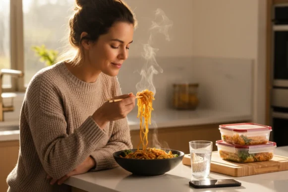 Refeições equilibradas de comida oriental em marmitas práticas