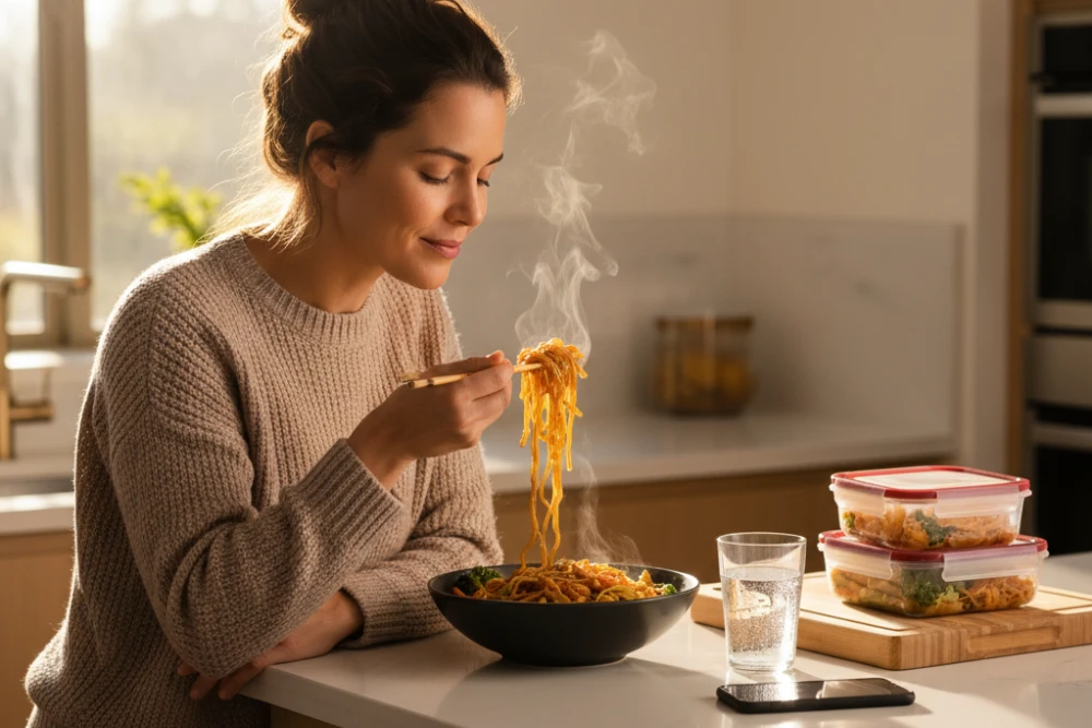 Refeições equilibradas de comida oriental em marmitas práticas