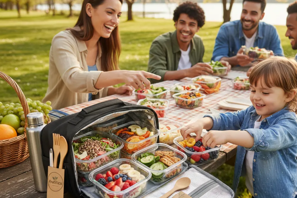 Piquenique com comida para viagem saudável, frutas e saladas em um parque.