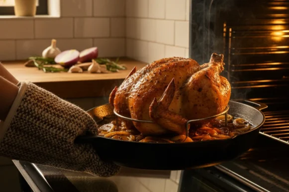 Frango com cerveja assado no forno em panela de ferro com cebolas caramelizadas, suculento e temperado