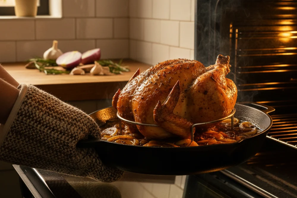 Frango com cerveja assado no forno em panela de ferro com cebolas caramelizadas, suculento e temperado