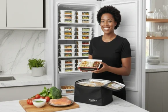 Marmita para congelar organização em cozinha moderna e iluminada.