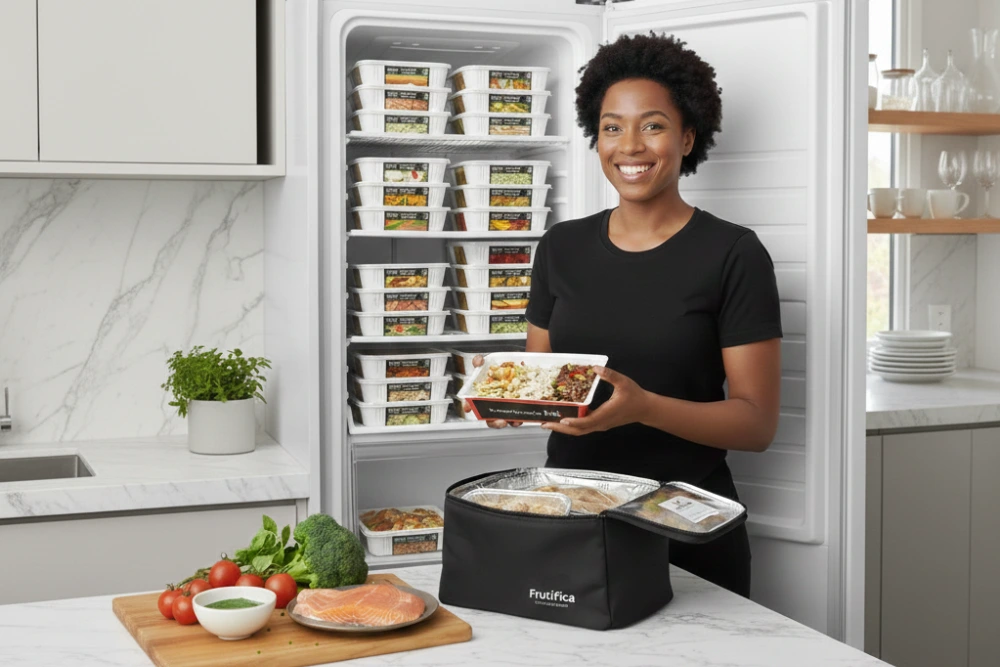 Marmita para congelar organização em cozinha moderna e iluminada.