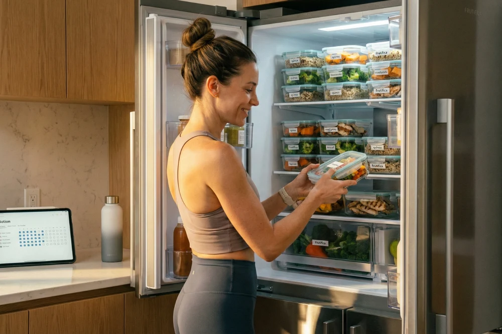 Mulher organizada cumprindo suas metas de ano novo com alimentação saudável e marmitas fitness.