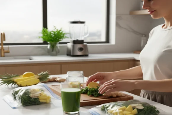 Deliciosos sucos detox em copos transparentes, preparados com ingredientes frescos como couve, abacaxi, limão e gengibre, refletindo saúde e vitalidade.