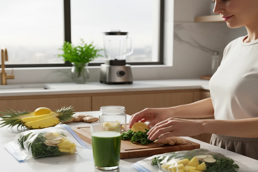 Deliciosos sucos detox em copos transparentes, preparados com ingredientes frescos como couve, abacaxi, limão e gengibre, refletindo saúde e vitalidade.