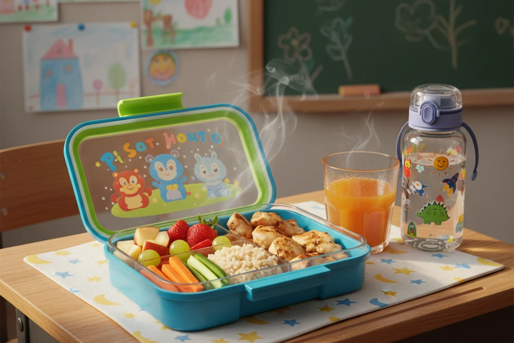 Marmita infantil organizada com lanches saudáveis e coloridos