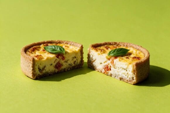 quiche de marguerita integral cortada ao meio, com recheio cremoso de tomate e queijo e folha de manjericão por cima