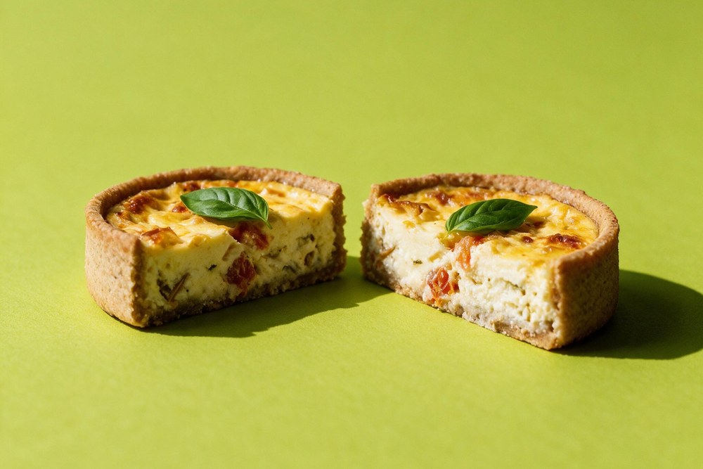 quiche de marguerita integral cortada ao meio, com recheio cremoso de tomate e queijo e folha de manjericão por cima