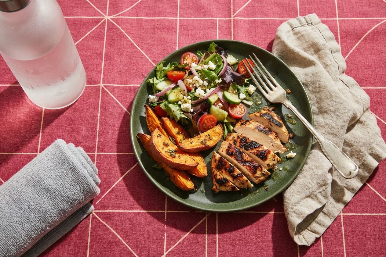 Prato verde com frango grelhado, batata-doce e salada ao lado de garrafa de água e toalha, sobre toalha rosa