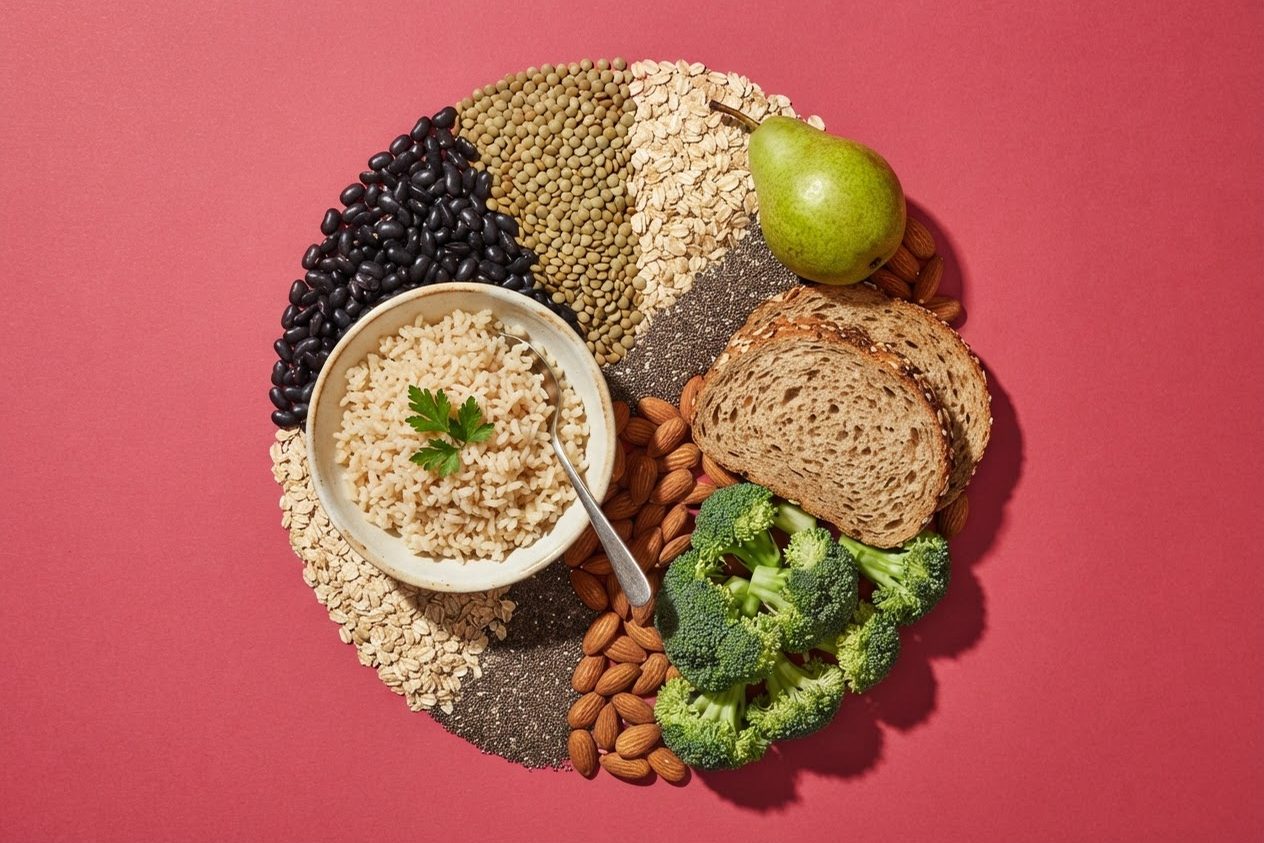 Alimentos ricos em fibras — feijão preto, lentilha, aveia, pão integral, brócolis, pera, chia e amêndoas — sobre fundo rosa