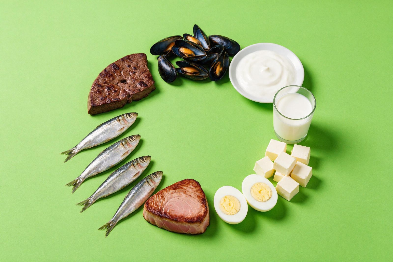 Fontes de vitamina B12 — fígado, sardinha, ovos, queijo, leite e iogurte — dispostas em círculo sobre fundo verde-limão