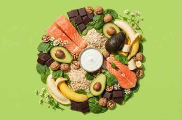 Alimentos que ajudam no controle da ansiedade — chocolate amargo, banana, nozes, salmão, espinafre, aveia e abacate — sobre fundo verde-limão