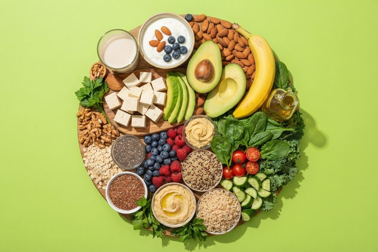 Alimentos sem lactose — leite de amêndoas, iogurte de coco, tofu, abacate, castanhas e folhas verdes — sobre fundo verde-limão