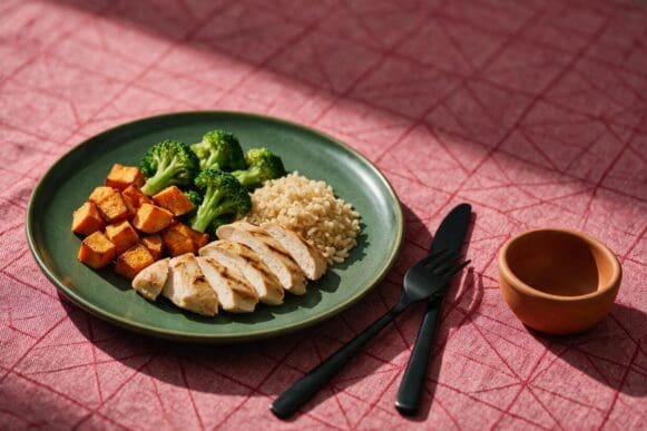 Prato verde com frango grelhado, batata-doce assada, brócolis e arroz integral sobre toalha rosa