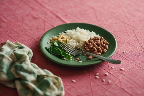 Prato verde com arroz branco, feijão, couve refogada e farofa sobre toalha rosa da Frutifica