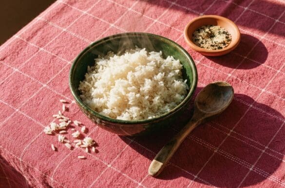 Tigela verde-escura de arroz jasmim soltinho com vapor subindo, sobre toalha rosa da Frutifica