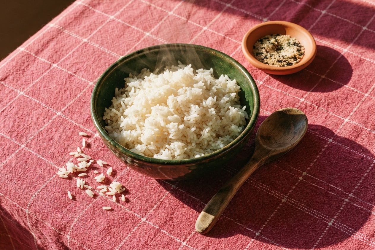 Tigela verde-escura de arroz jasmim soltinho com vapor subindo, sobre toalha rosa da Frutifica