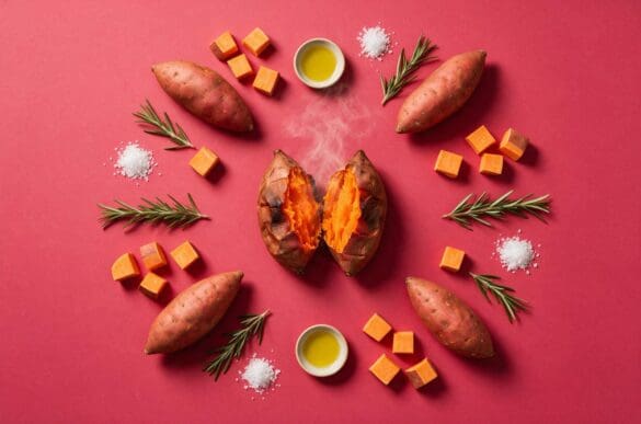 Batatas-doces assadas abertas ao meio, cercadas por batatas cruas, cubos assados e alecrim sobre fundo rosa