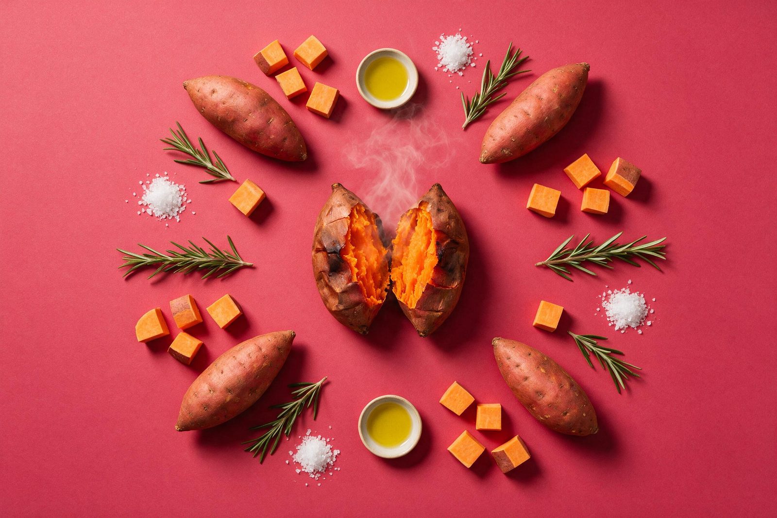 Batatas-doces assadas abertas ao meio, cercadas por batatas cruas, cubos assados e alecrim sobre fundo rosa