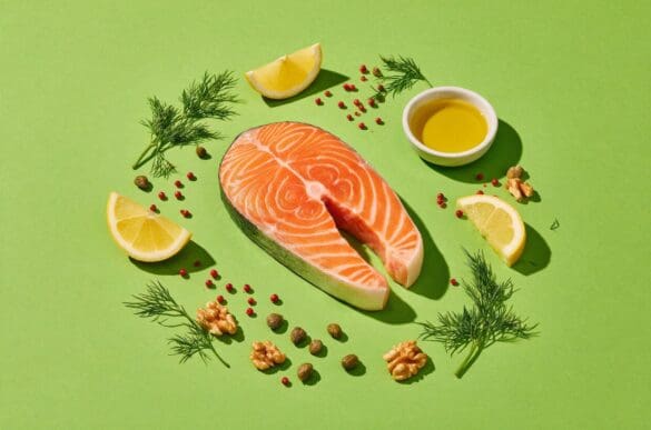 Posta de salmão cercada por limão, endro, azeite, pimenta-rosa e nozes sobre fundo verde-limão