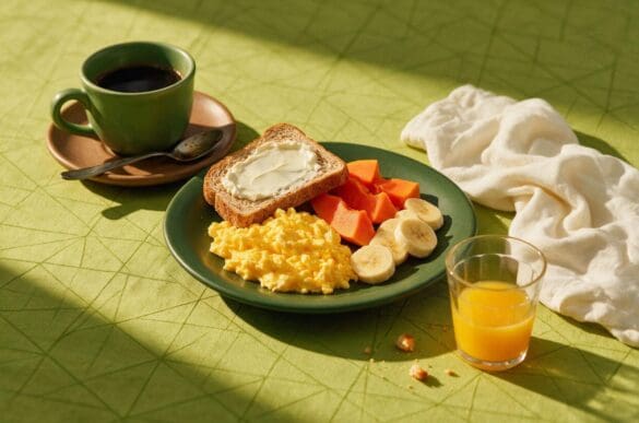 Café da manhã com ovos mexidos, pão integral com queijo branco, mamão e banana em prato verde sobre toalha verde-limão