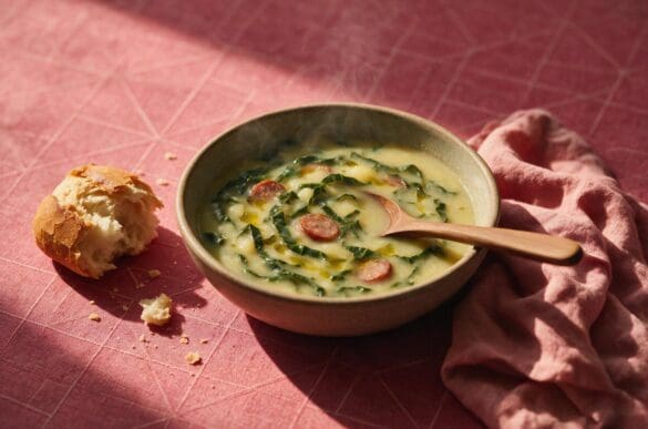 Tigela de caldo verde com couve, batata e rodelas de linguiça, pão rústico ao lado, sobre toalha rosa da Frutifica