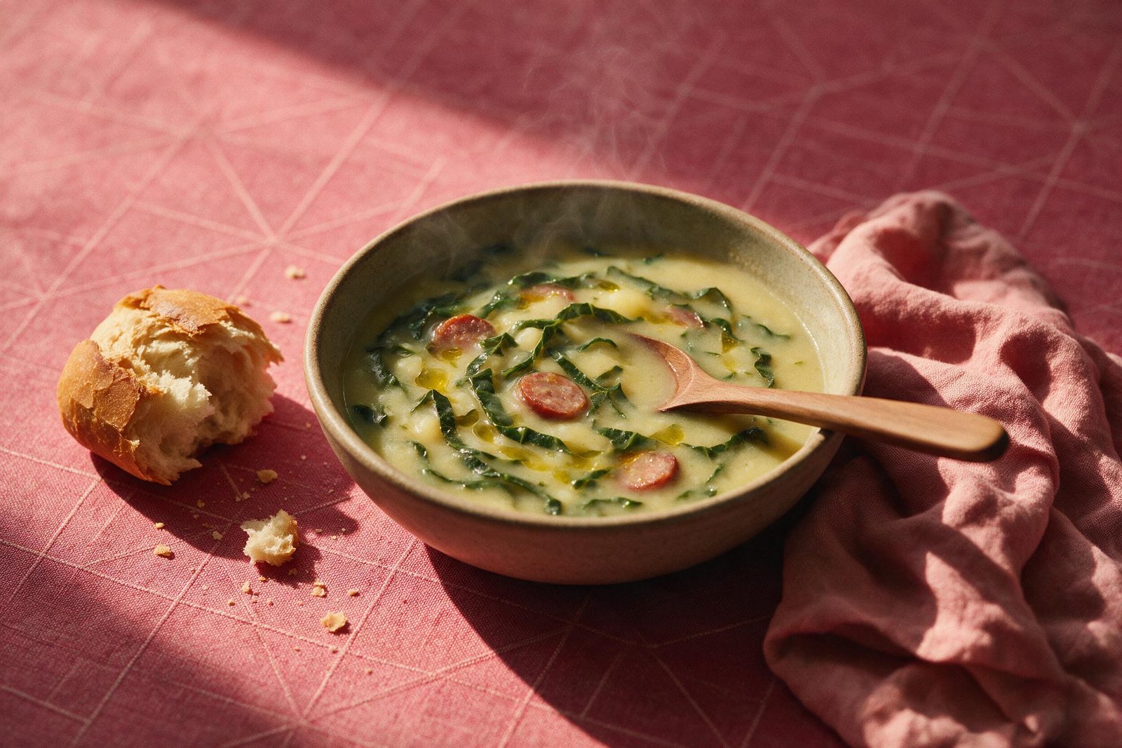 Tigela de caldo verde com couve, batata e rodelas de linguiça, pão rústico ao lado, sobre toalha rosa da Frutifica