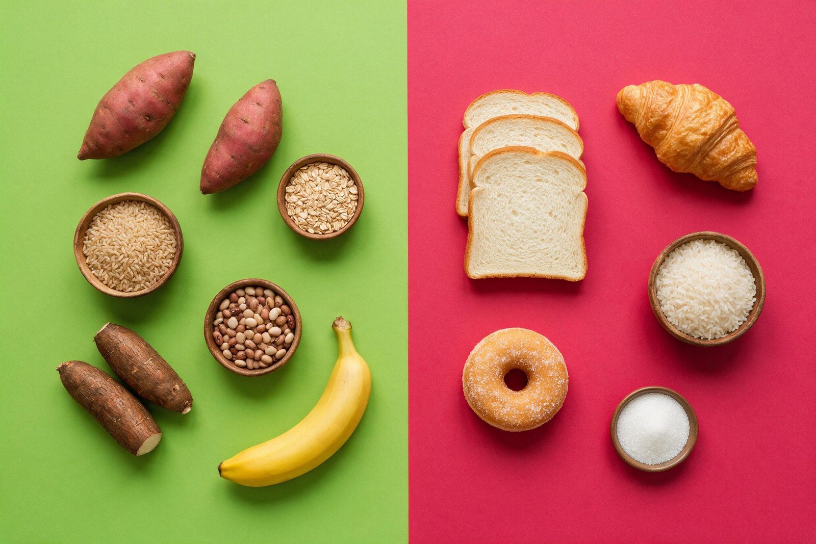 Comparação de carboidratos: batata-doce, arroz integral, aveia, mandioca, feijão e banana no lado verde; pão branco, croissant, arroz branco, rosquinha e açúcar no lado rosa