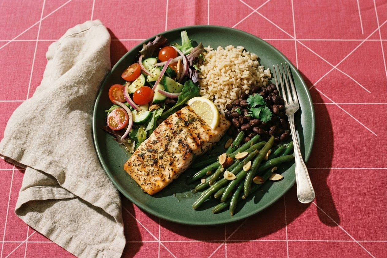 Prato verde com peixe grelhado, arroz integral, feijão preto e legumes, indicado para quem controla a glicemia, sobre toalha rosa