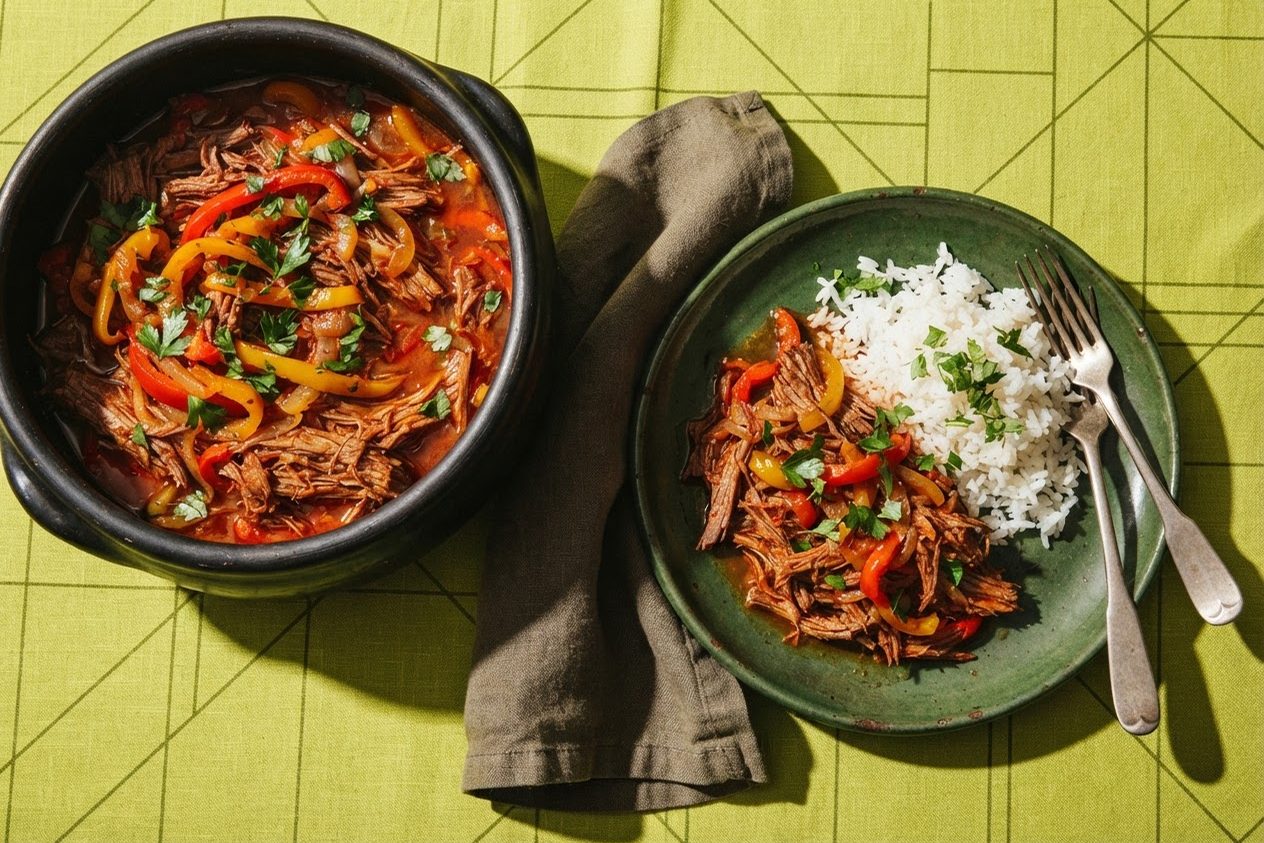 Panela de barro com carne louca desfiada com pimentões e cebola, com porção servida em prato verde e arroz, sobre toalha verde-limão