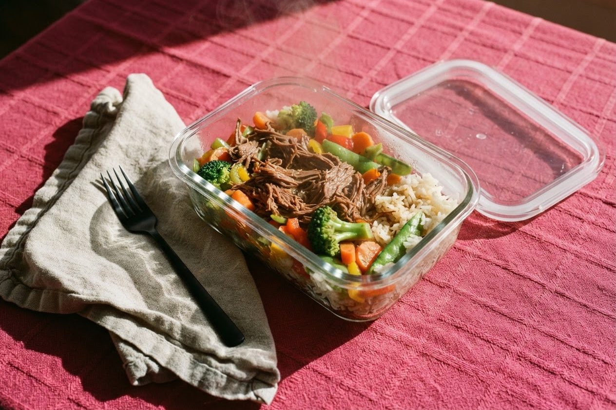Pote de vidro com comida recém-aquecida e vapor subindo, ao lado da tampa e do garfo, sobre toalha rosa