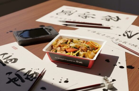 Marmita Frutifica de yakisoba com hashi sobre folhas de caligrafia japonesa