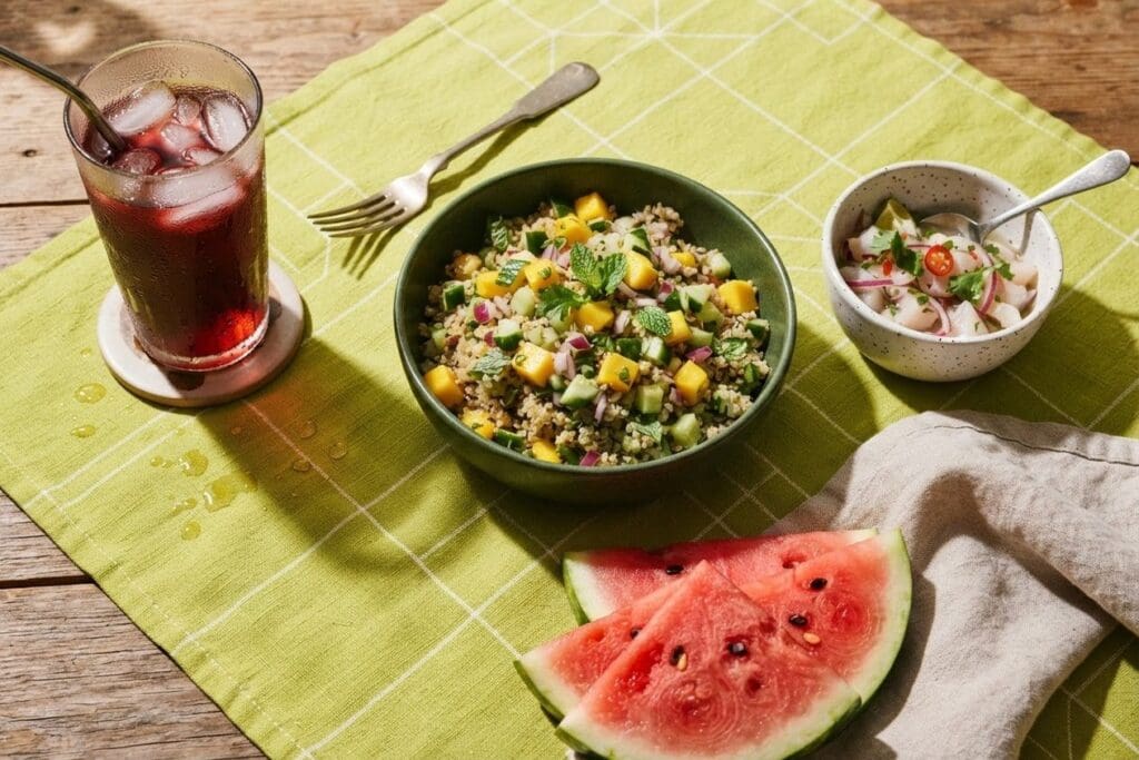 Comidas leves de verão — salada de quinoa com manga, melancia gelada e chá de hibisco com gelo — sobre toalha verde-limão