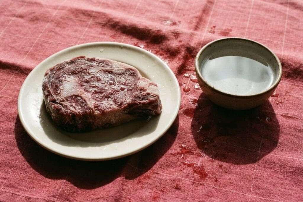 Peça de carne bovina descongelando em prato ao lado de uma tigela de água fria, sobre toalha rosa da Frutifica