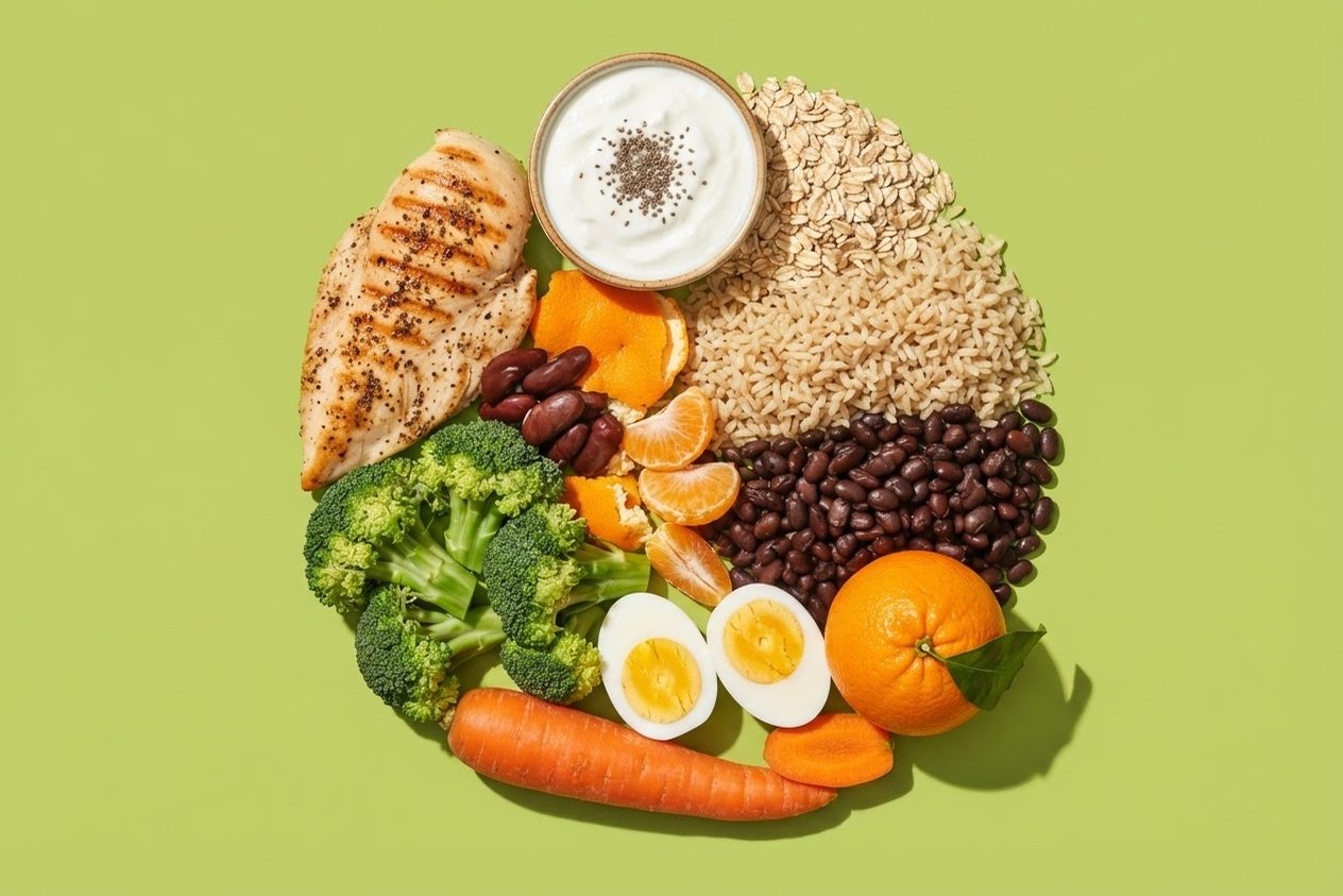 Alimentos da reeducação alimentar — frango grelhado, arroz integral, feijão, brócolis, cenoura, ovos e frutas — sobre fundo verde-limão