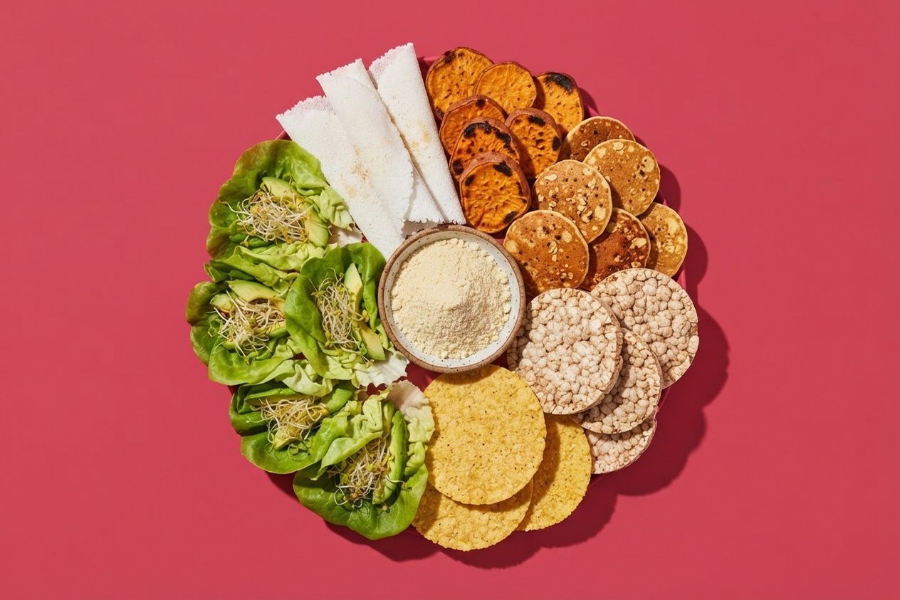 Substitutos do pão — tapioca, batata-doce, panqueca de aveia, bolacha de arroz e folhas — dispostos em círculo sobre fundo rosa