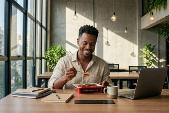 Homem almoçando uma marmita Frutifica na mesa de trabalho, com caderno e notebook ao lado