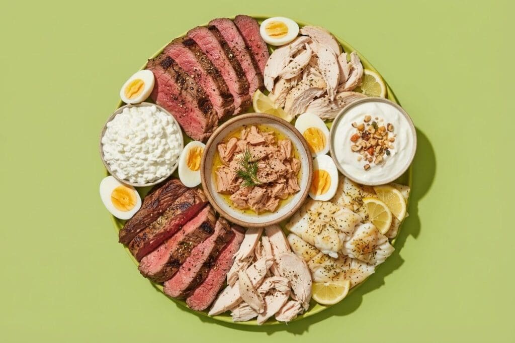 Proteínas magras da dieta Dukan — carne bovina, frango desfiado, peixe, ovos, cottage e iogurte — sobre fundo verde-limão