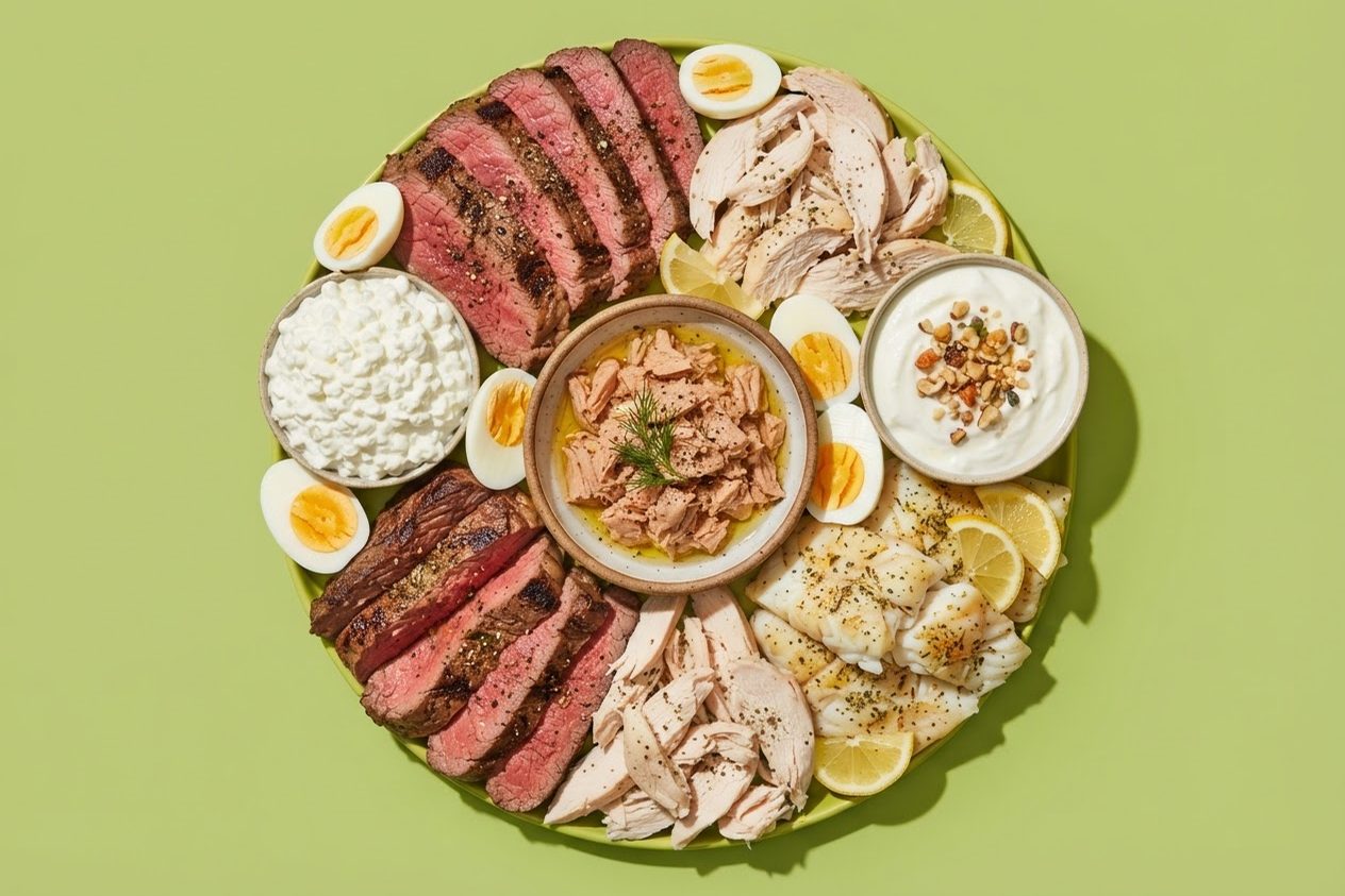 Proteínas magras da dieta Dukan — carne bovina, frango desfiado, peixe, ovos, cottage e iogurte — sobre fundo verde-limão