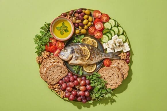Alimentos da dieta mediterrânea — azeite, azeitonas, peixe grelhado, tomate, pepino, queijo branco, pão integral, nozes e uvas — sobre fundo verde-limão