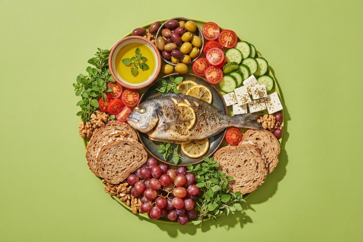 Alimentos da dieta mediterrânea — azeite, azeitonas, peixe grelhado, tomate, pepino, queijo branco, pão integral, nozes e uvas — sobre fundo verde-limão
