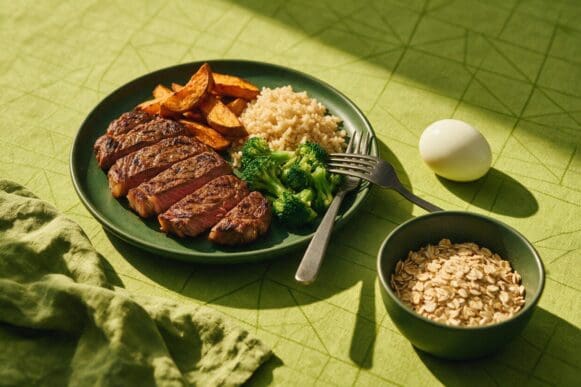 Prato verde com bife grelhado fatiado, batata-doce, arroz integral e brócolis, ao lado de ovo cozido e aveia, sobre toalha verde-limão