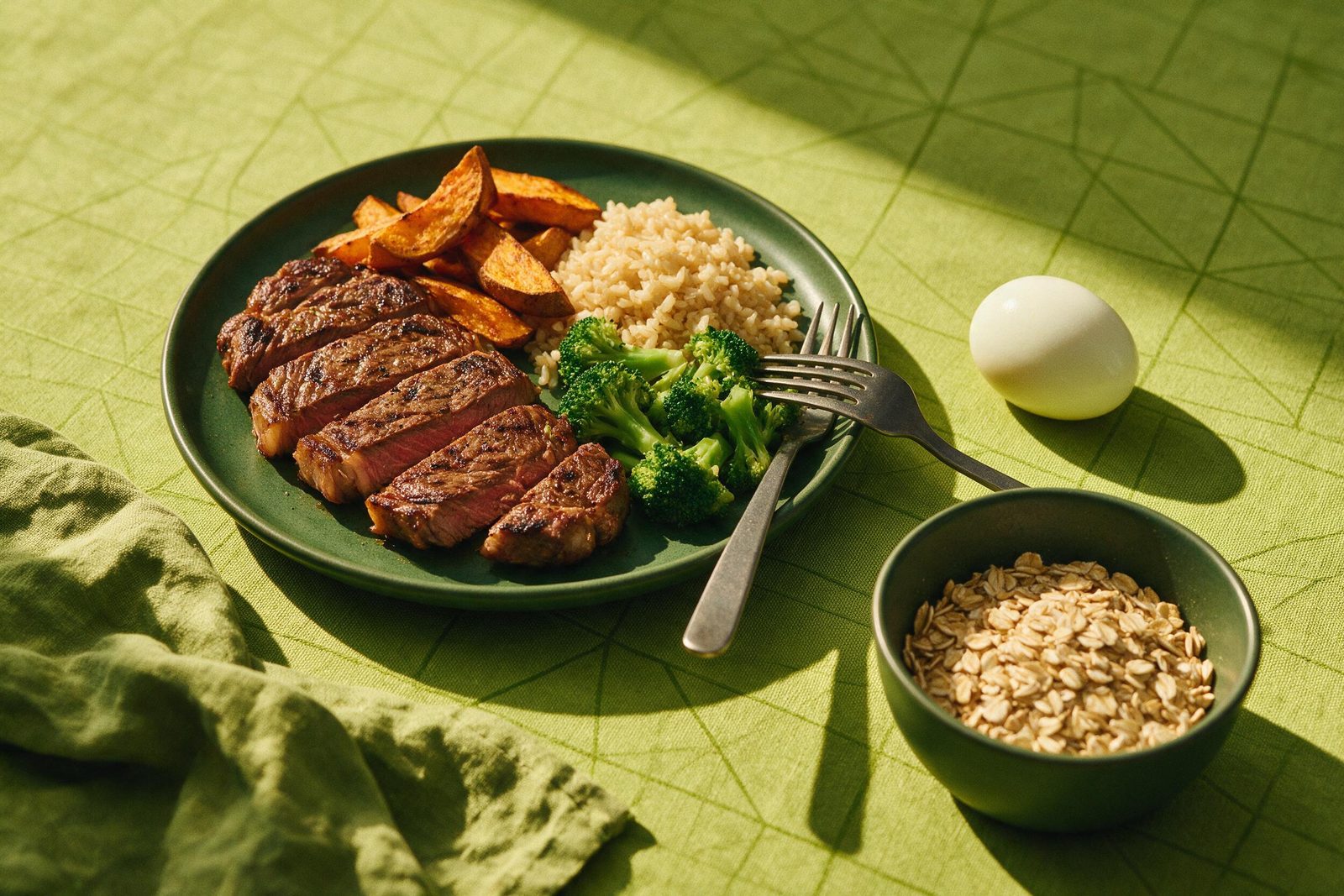 Prato verde com bife grelhado fatiado, batata-doce, arroz integral e brócolis, ao lado de ovo cozido e aveia, sobre toalha verde-limão