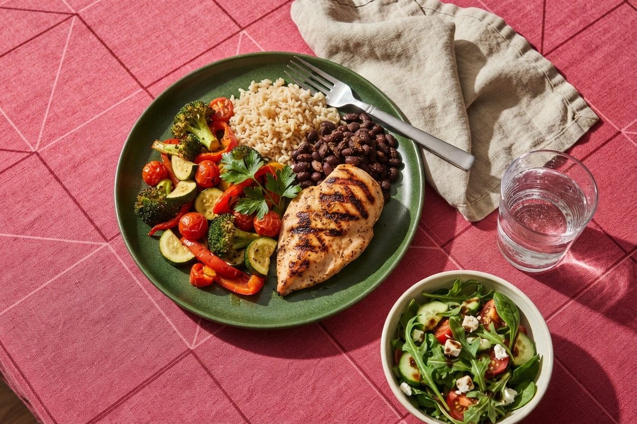 Prato verde com porções equilibradas de frango grelhado, arroz integral, feijão e bastante legume, sobre toalha rosa