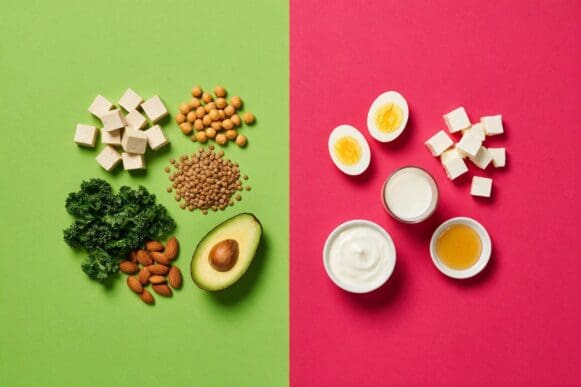 Composição dividida: alimentos veganos no lado verde e alimentos vegetarianos com ovo, leite e queijo no lado rosa