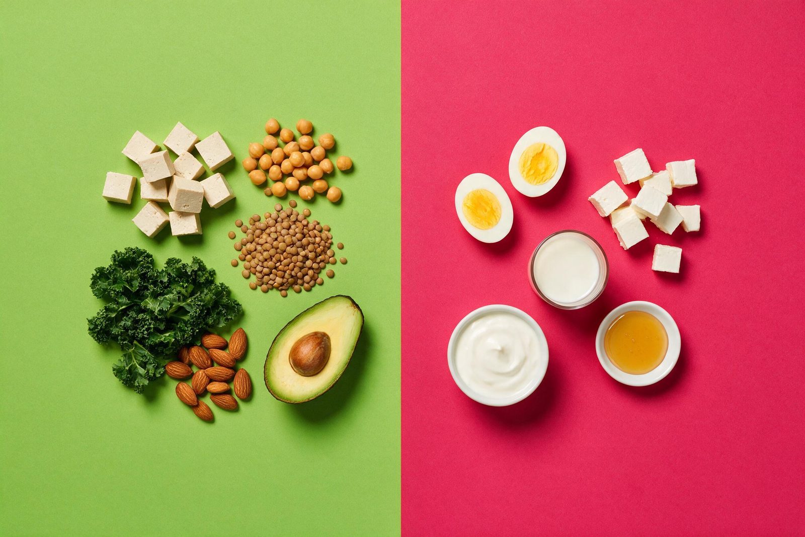 Composição dividida: alimentos veganos no lado verde e alimentos vegetarianos com ovo, leite e queijo no lado rosa