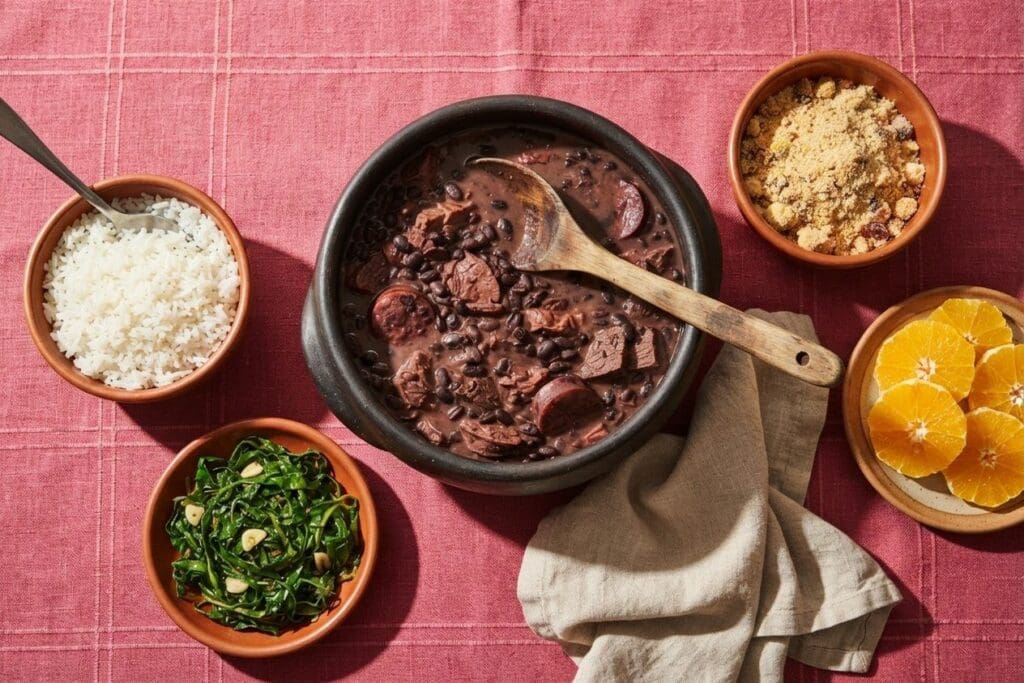 Panela de barro com feijoada leve, arroz, couve refogada, farofa e laranja em tigelas ao redor, sobre toalha rosa