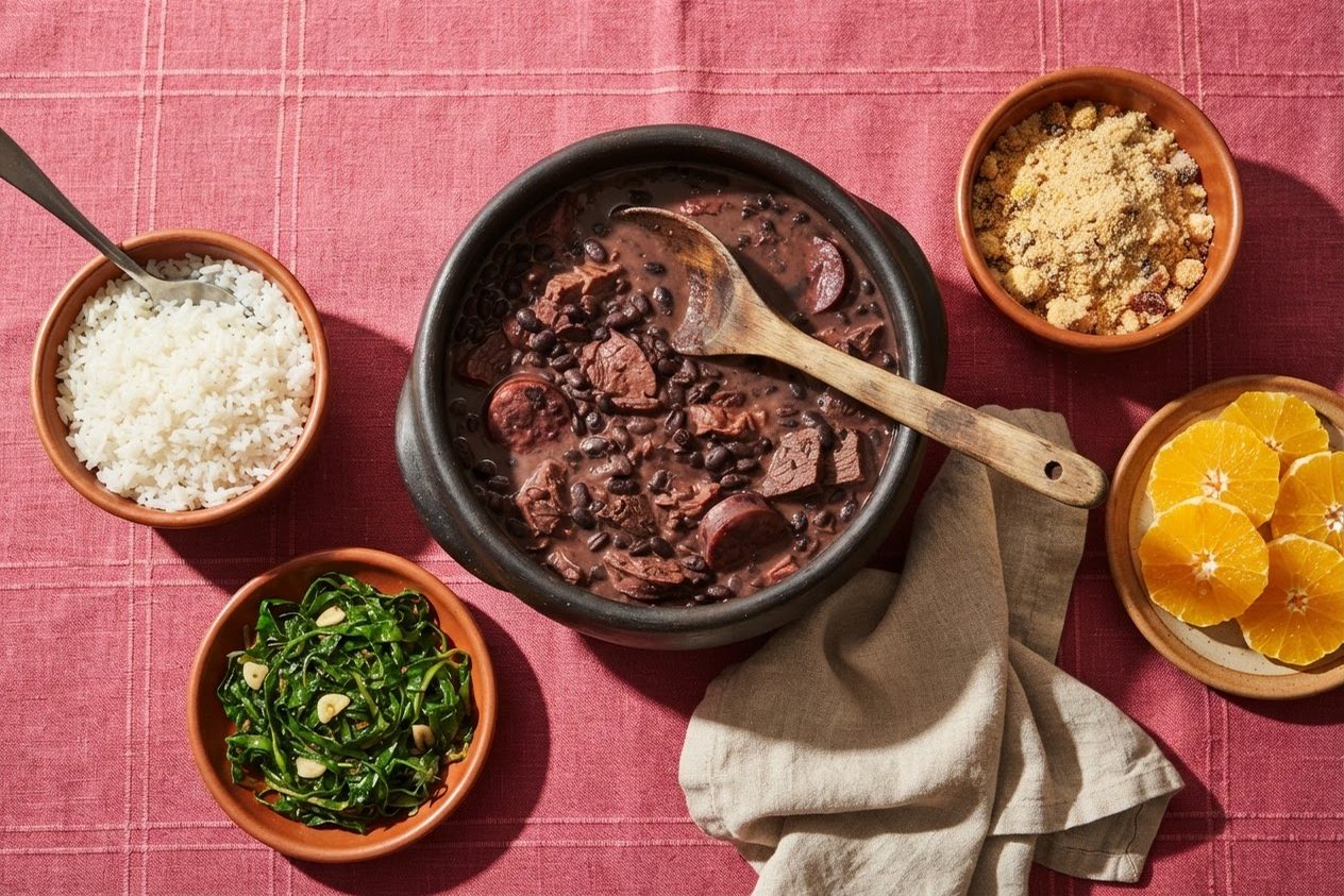Panela de barro com feijoada leve, arroz, couve refogada, farofa e laranja em tigelas ao redor, sobre toalha rosa